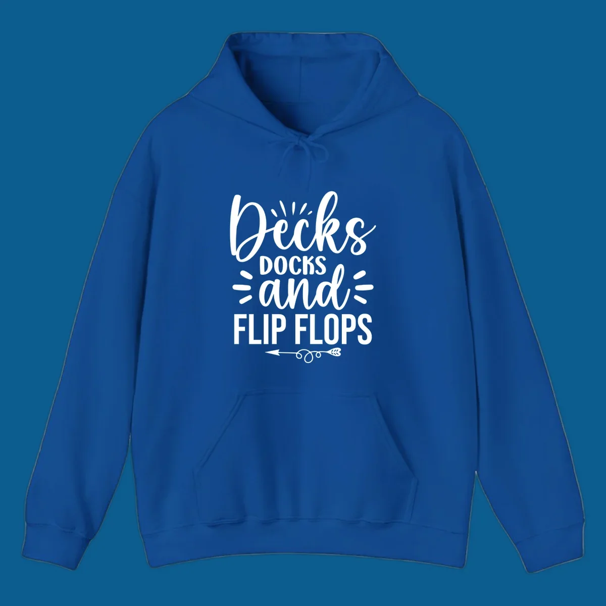 Decks Docks and Flip Flops text design with decorative arrow.