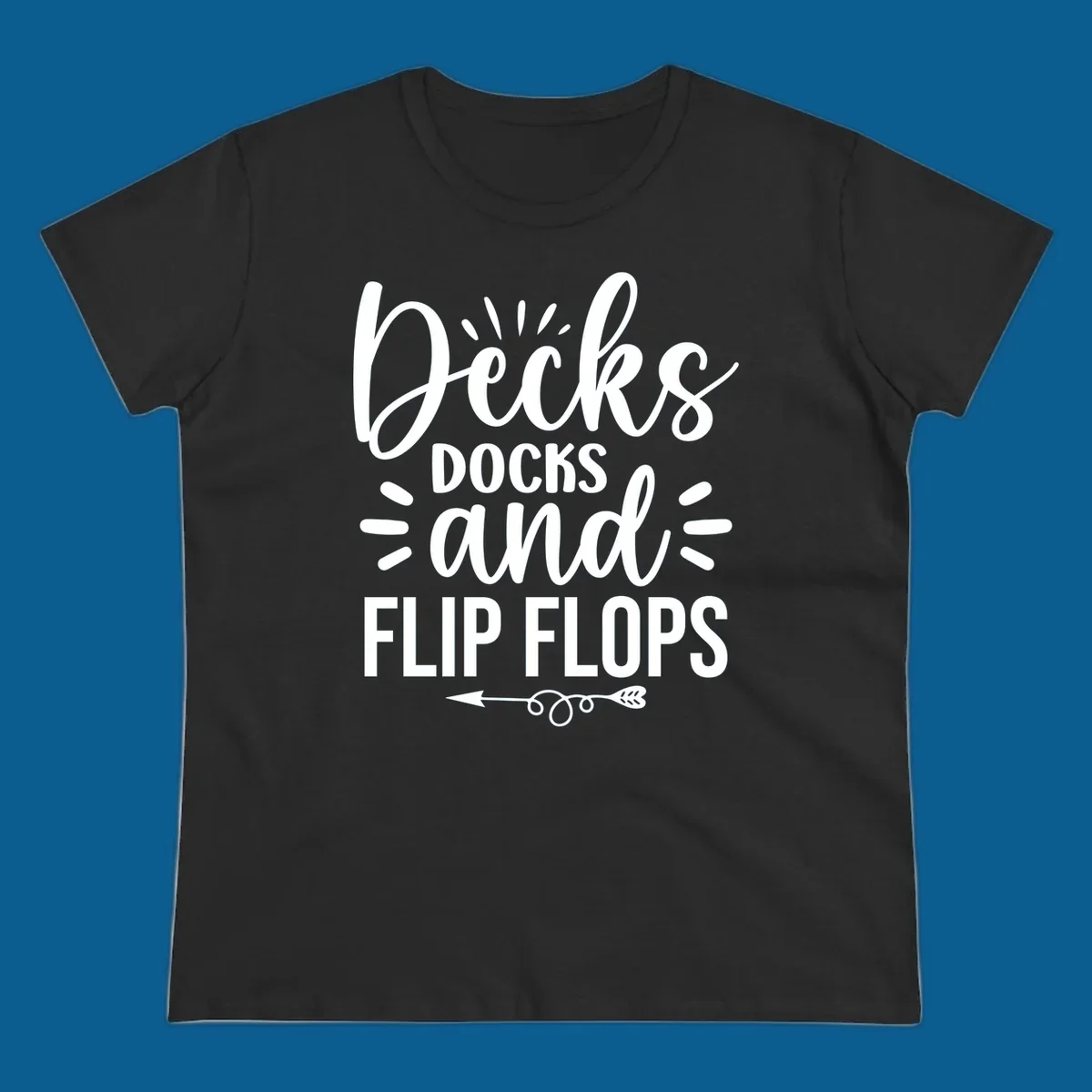 Decks Docks and Flip Flops text design with decorative arrow.
