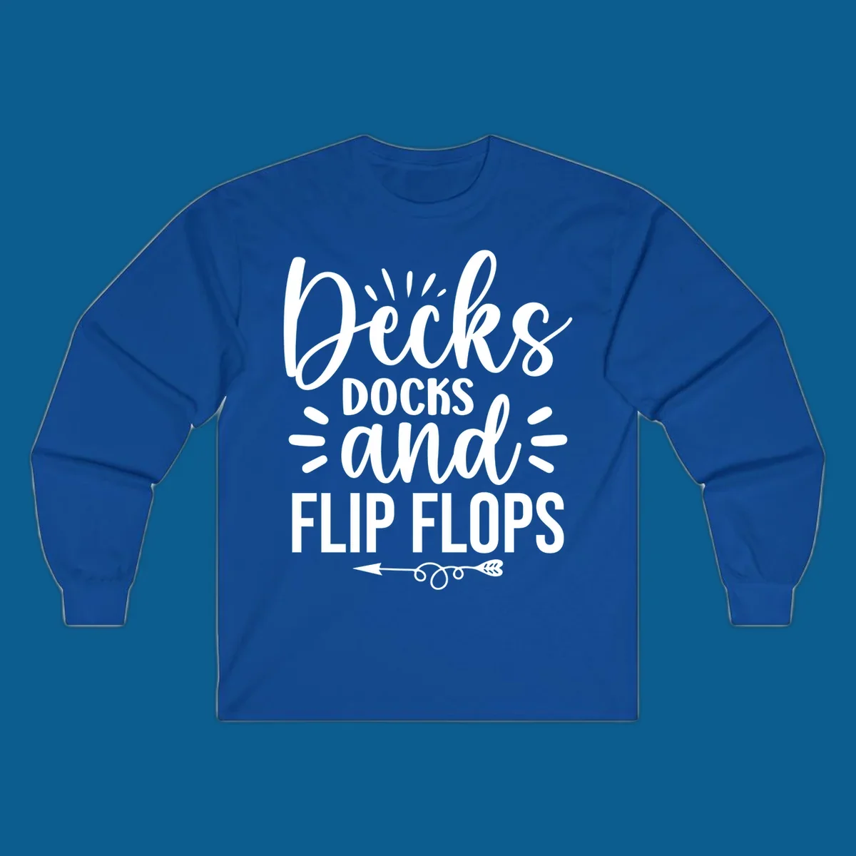 Decks Docks and Flip Flops text design with decorative arrow.