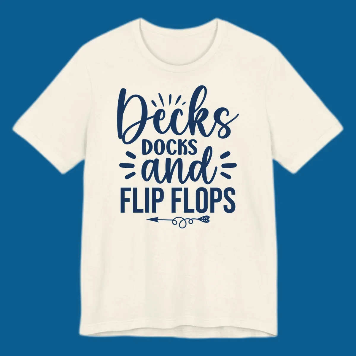 Decks Docks and Flip Flops text design with decorative arrow.