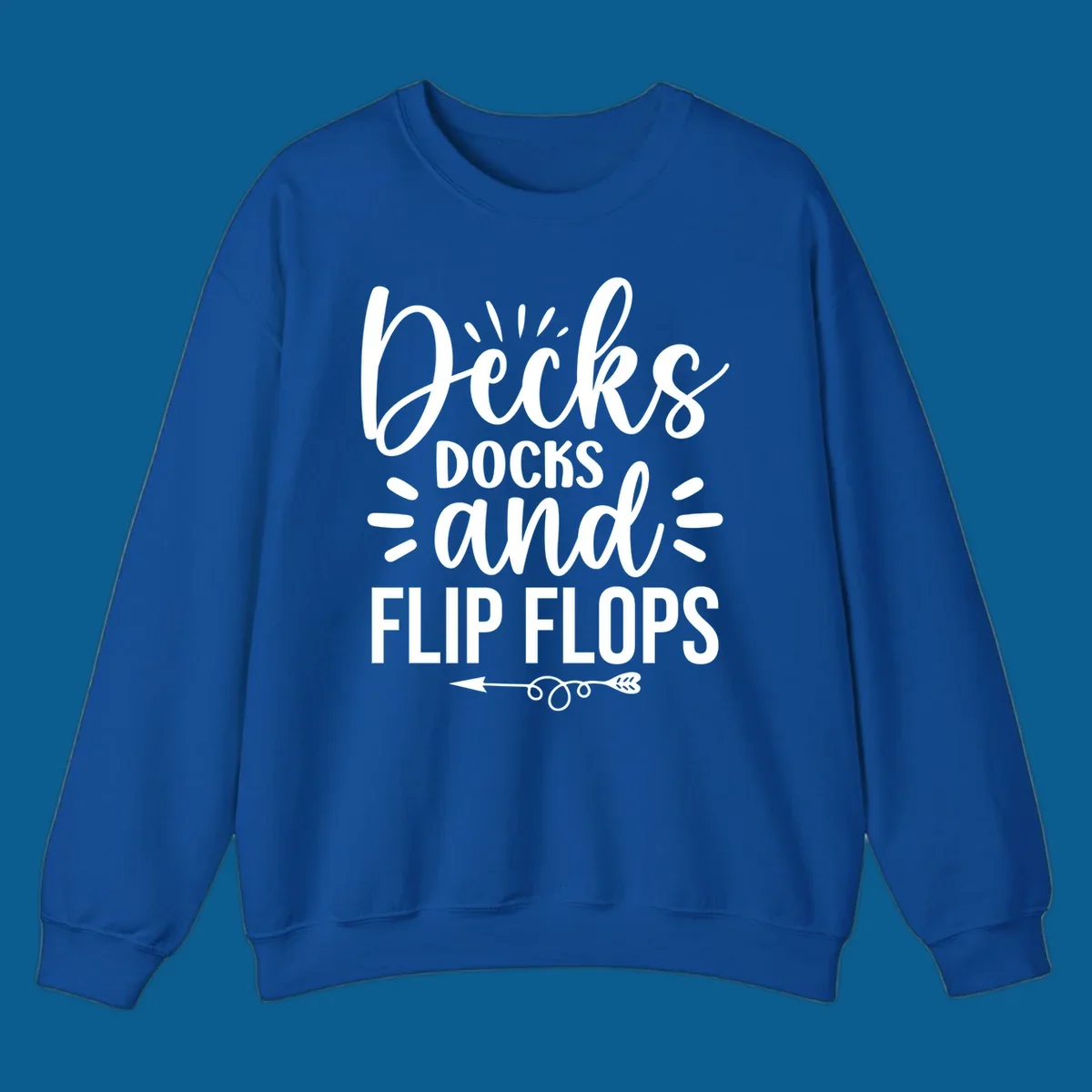 Decks Docks and Flip Flops text design with decorative arrow.