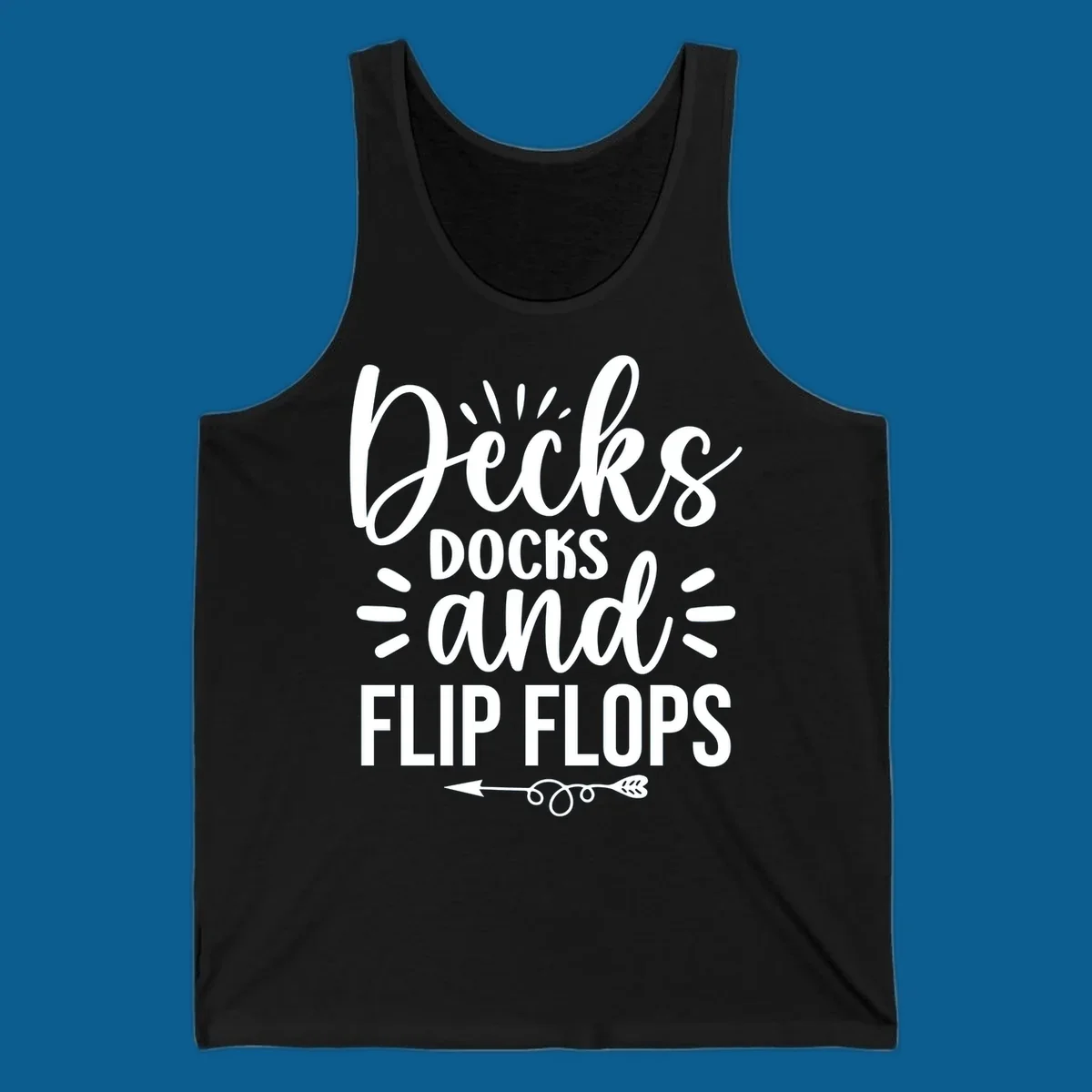 Decks Docks and Flip Flops text design with decorative arrow.