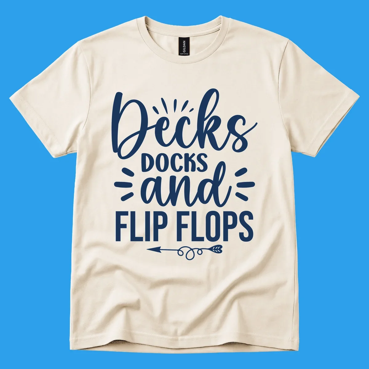 Decks Docks and Flip Flops text design with decorative arrow.