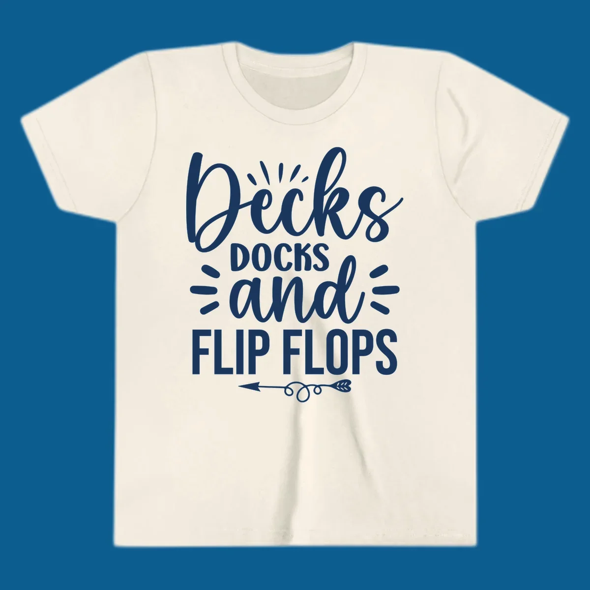 Decks Docks and Flip Flops text design with decorative arrow.