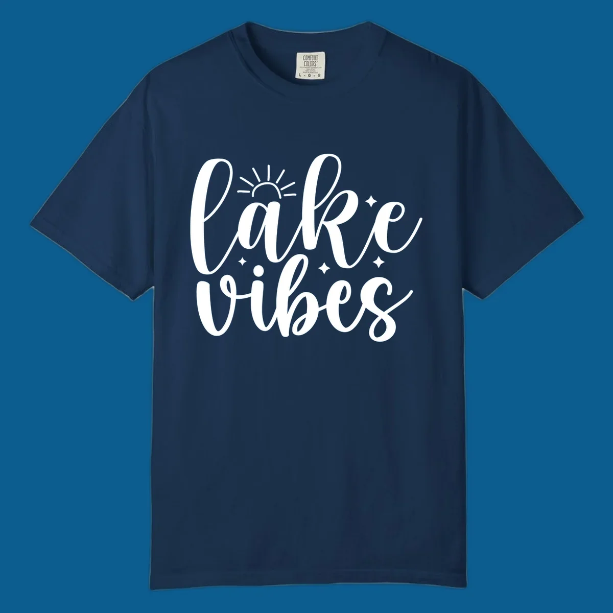 White script text that reads 'lake vibes' with sun and sparkle graphics, representing the lake-vibes-script concept.