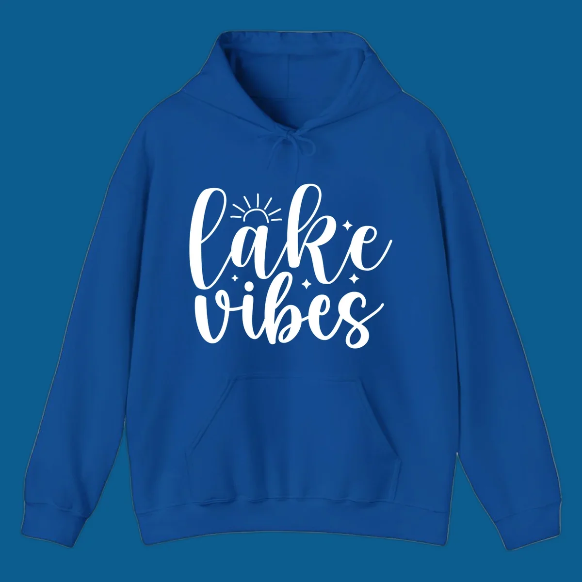 White script text that reads 'lake vibes' with sun and sparkle graphics, representing the lake-vibes-script concept.