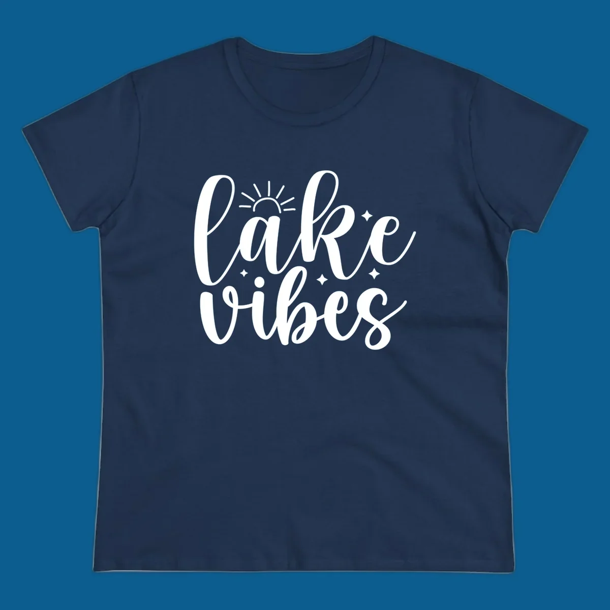 White script text that reads 'lake vibes' with sun and sparkle graphics, representing the lake-vibes-script concept.