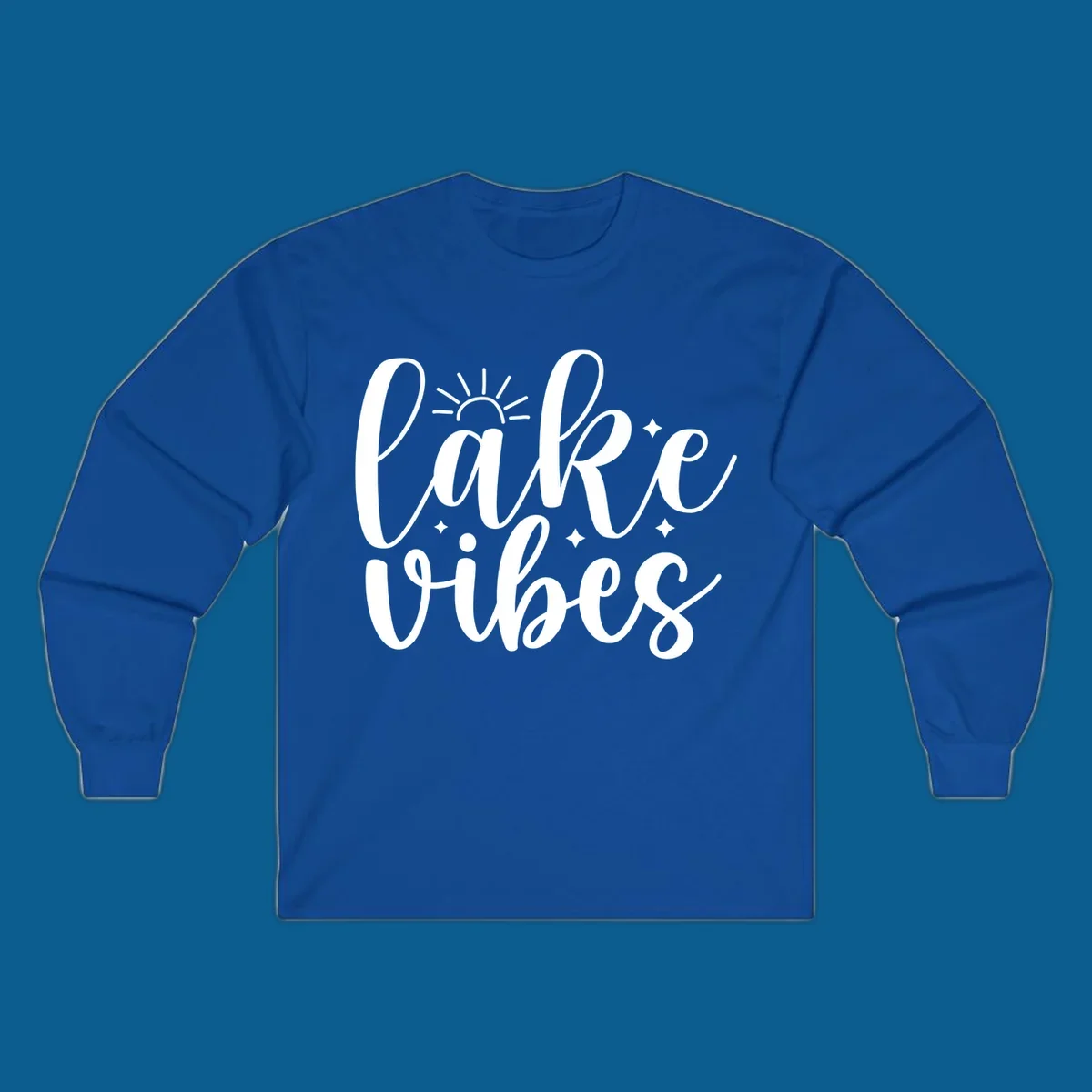 White script text that reads 'lake vibes' with sun and sparkle graphics, representing the lake-vibes-script concept.