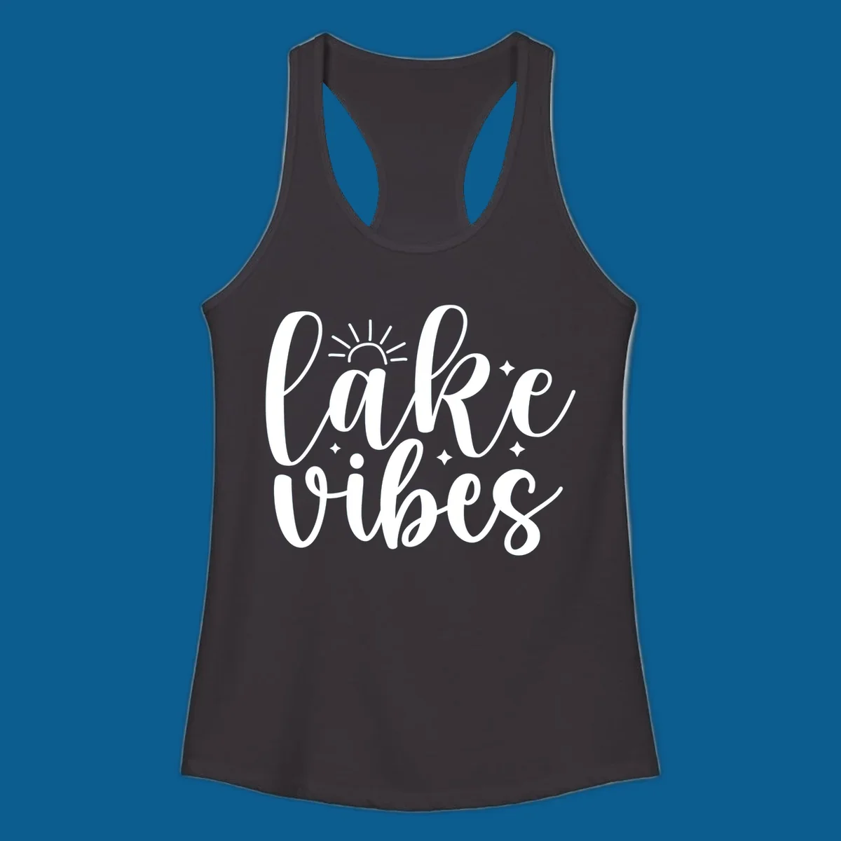 White script text that reads 'lake vibes' with sun and sparkle graphics, representing the lake-vibes-script concept.