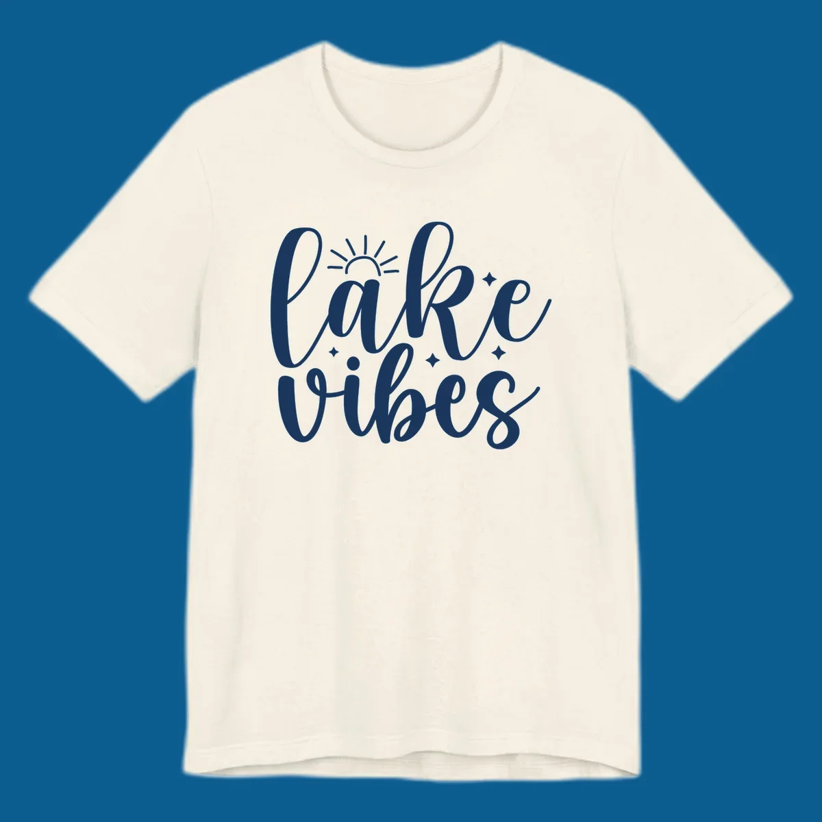 White script text that reads 'lake vibes' with sun and sparkle graphics, representing the lake-vibes-script concept.