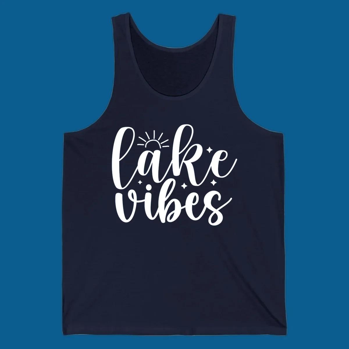 White script text that reads 'lake vibes' with sun and sparkle graphics, representing the lake-vibes-script concept.