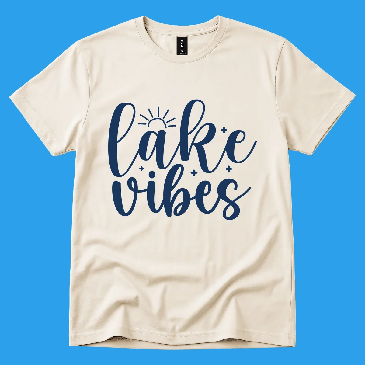 White script text that reads 'lake vibes' with sun and sparkle graphics, representing the lake-vibes-script concept.
