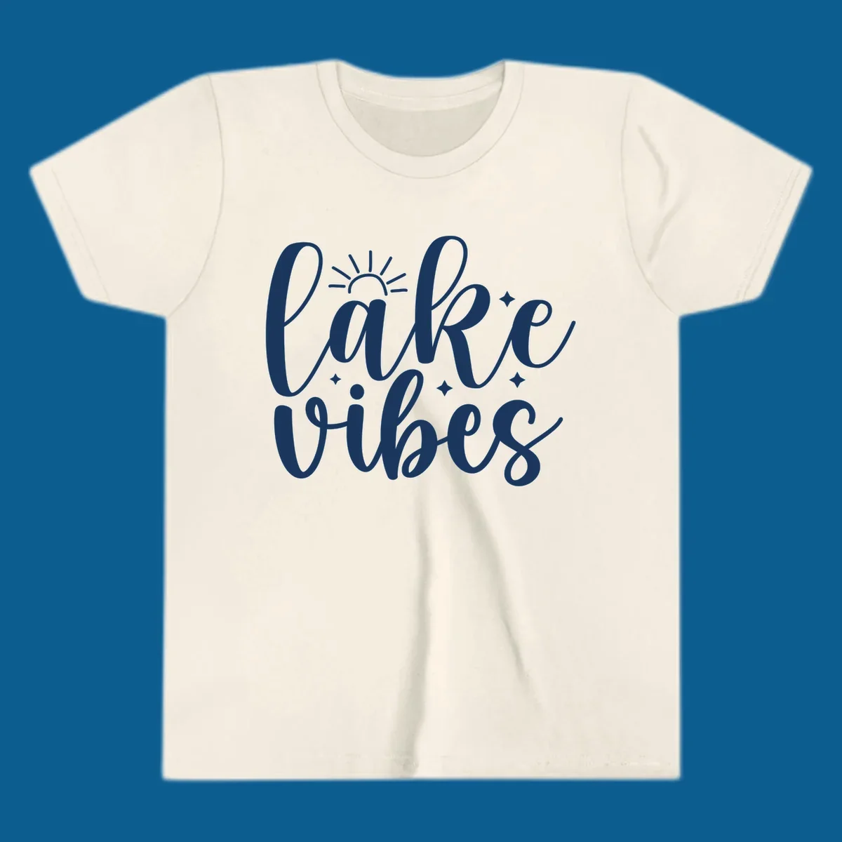 White script text that reads 'lake vibes' with sun and sparkle graphics, representing the lake-vibes-script concept.