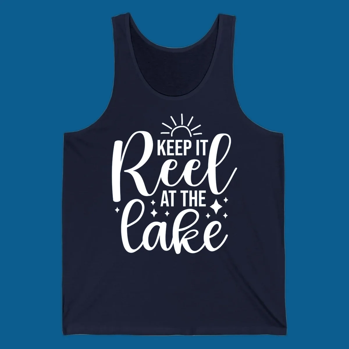 Keep It Reel At The Lake design with sun rays and sparkles, a lakeside lifestyle graphic.