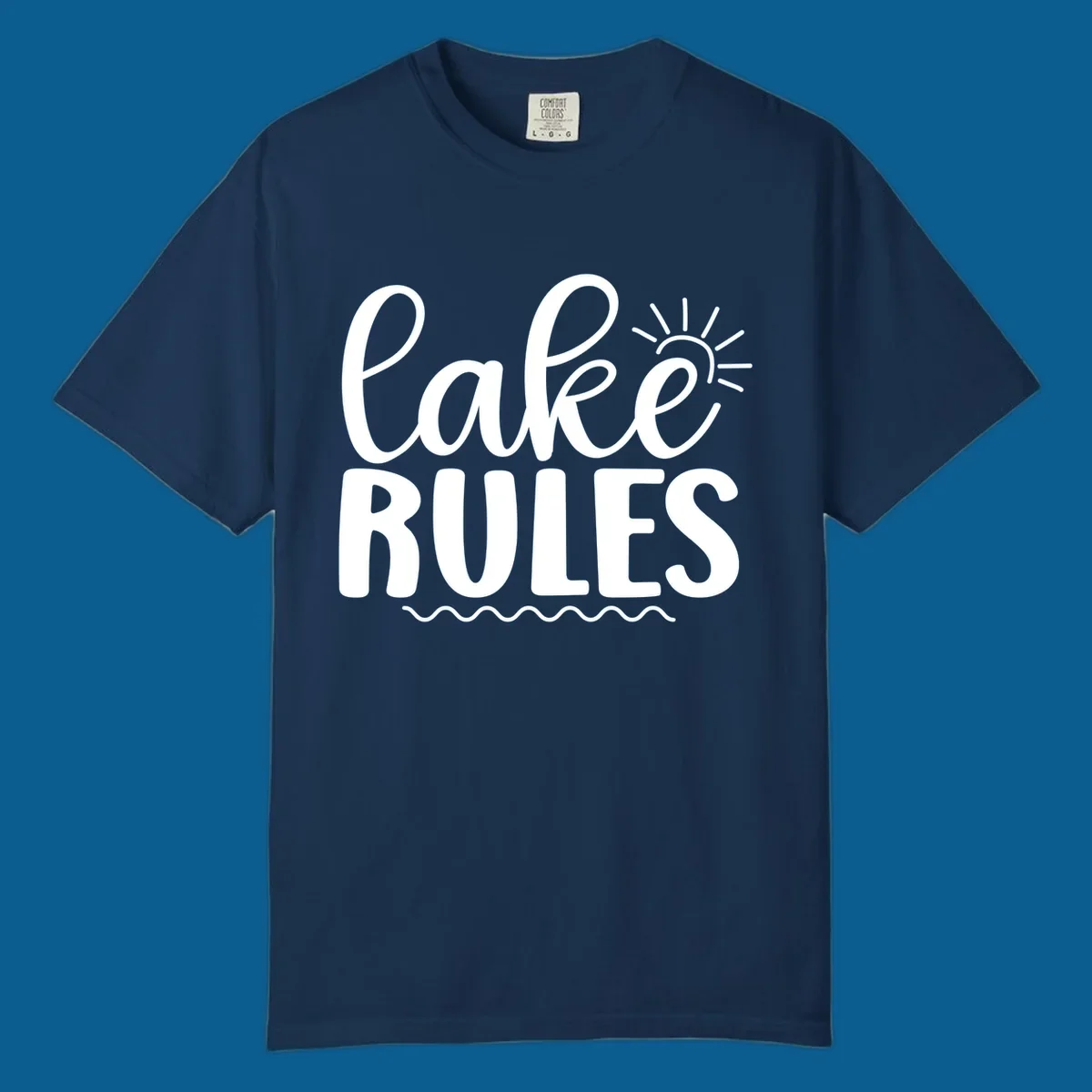 Lake Rules text with sun and waves graphic for lake life lifestyle.