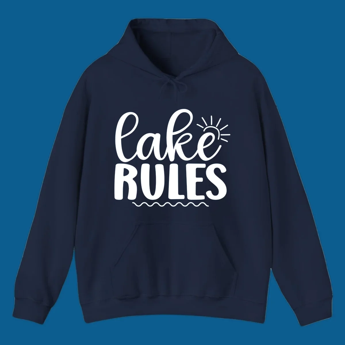 Lake Rules text with sun and waves graphic for lake life lifestyle.