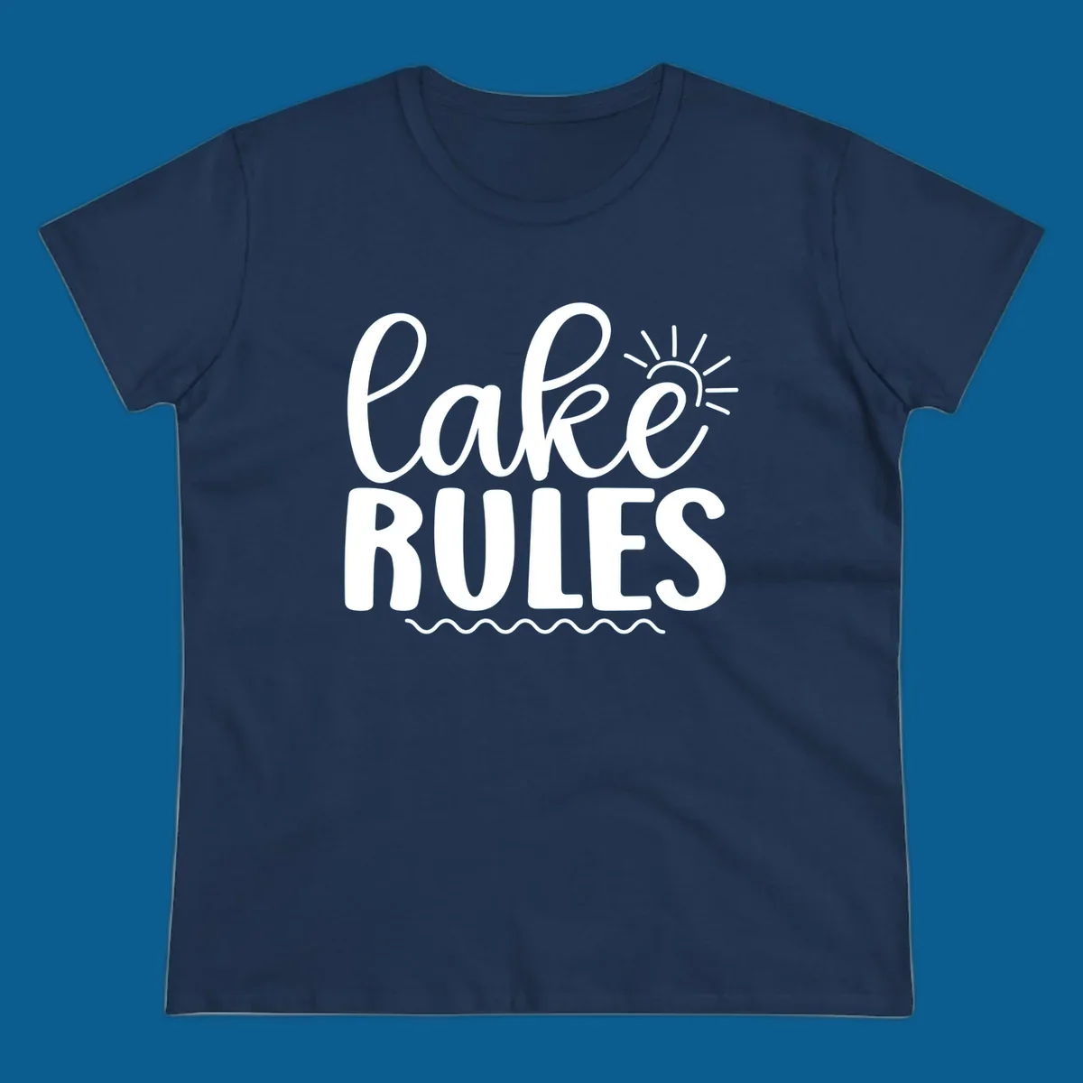 Lake Rules text with sun and waves graphic for lake life lifestyle.