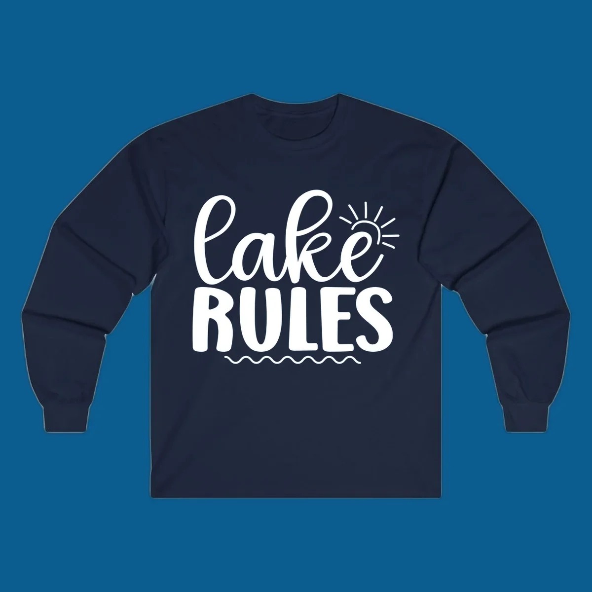 Lake Rules text with sun and waves graphic for lake life lifestyle.