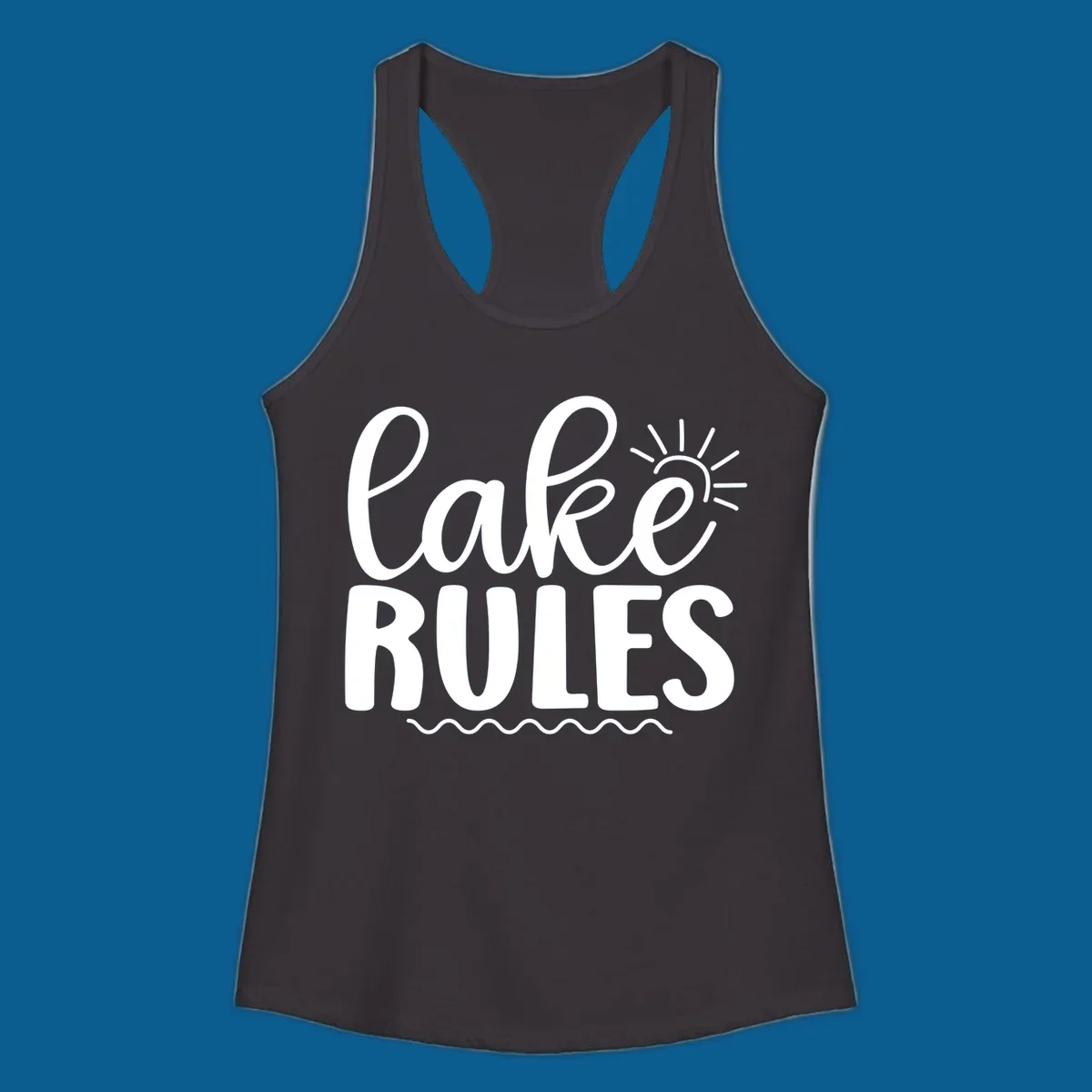 Lake Rules text with sun and waves graphic for lake life lifestyle.
