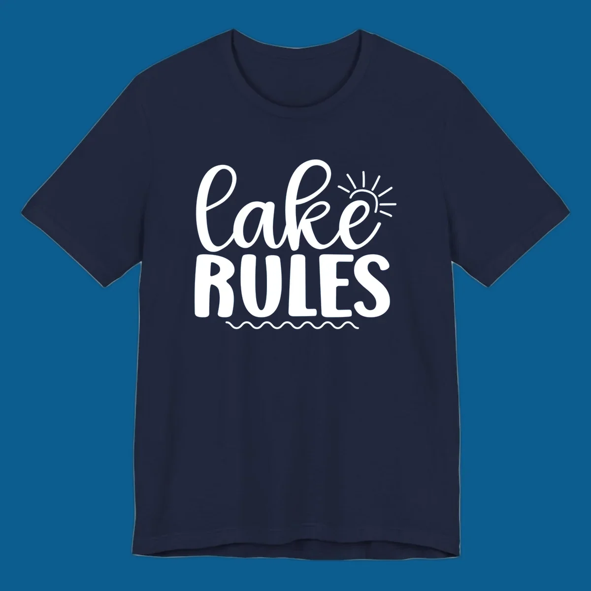 Lake Rules text with sun and waves graphic for lake life lifestyle.