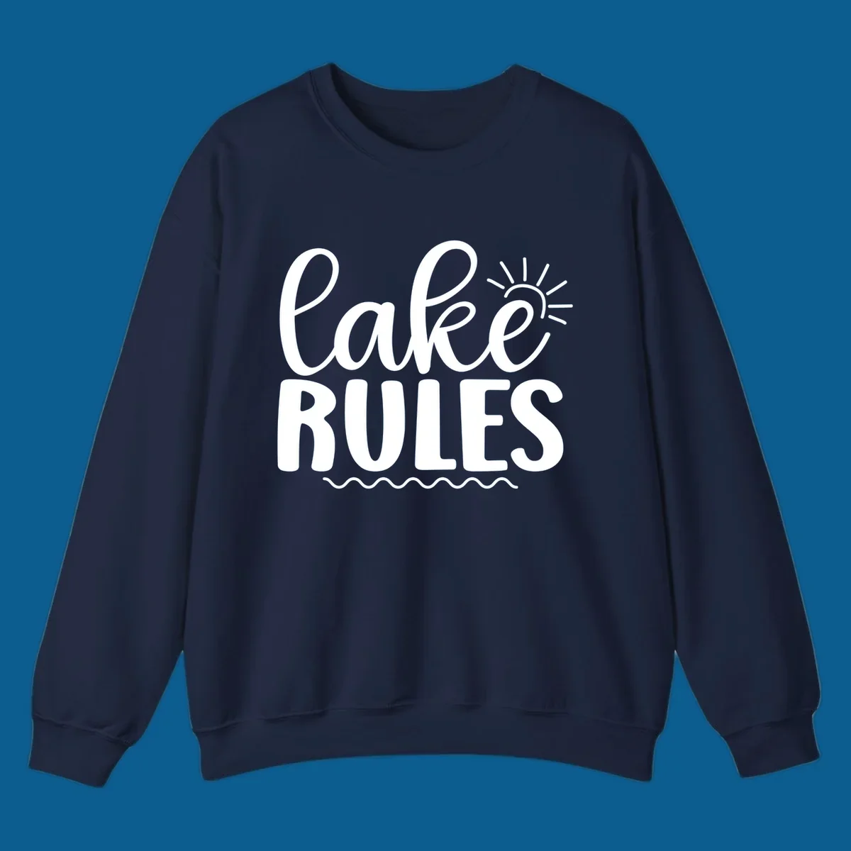 Lake Rules text with sun and waves graphic for lake life lifestyle.