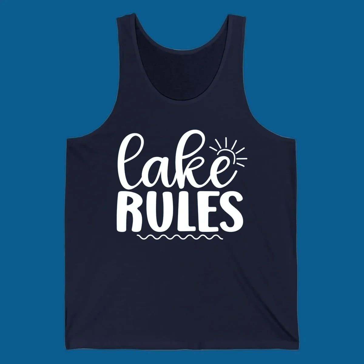Lake Rules text with sun and waves graphic for lake life lifestyle.