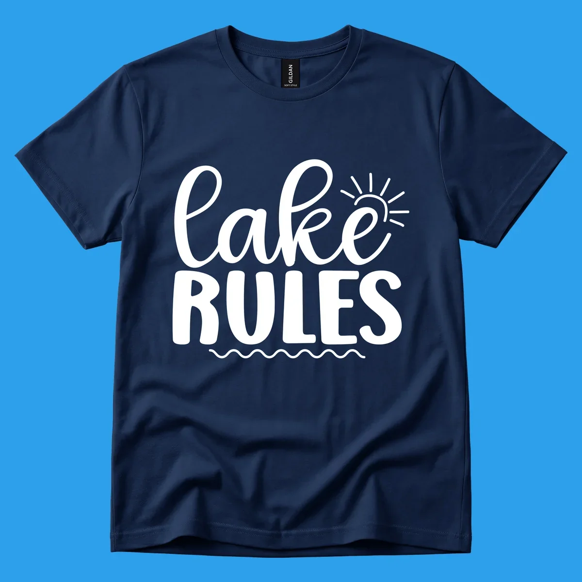 Lake Rules text with sun and waves graphic for lake life lifestyle.