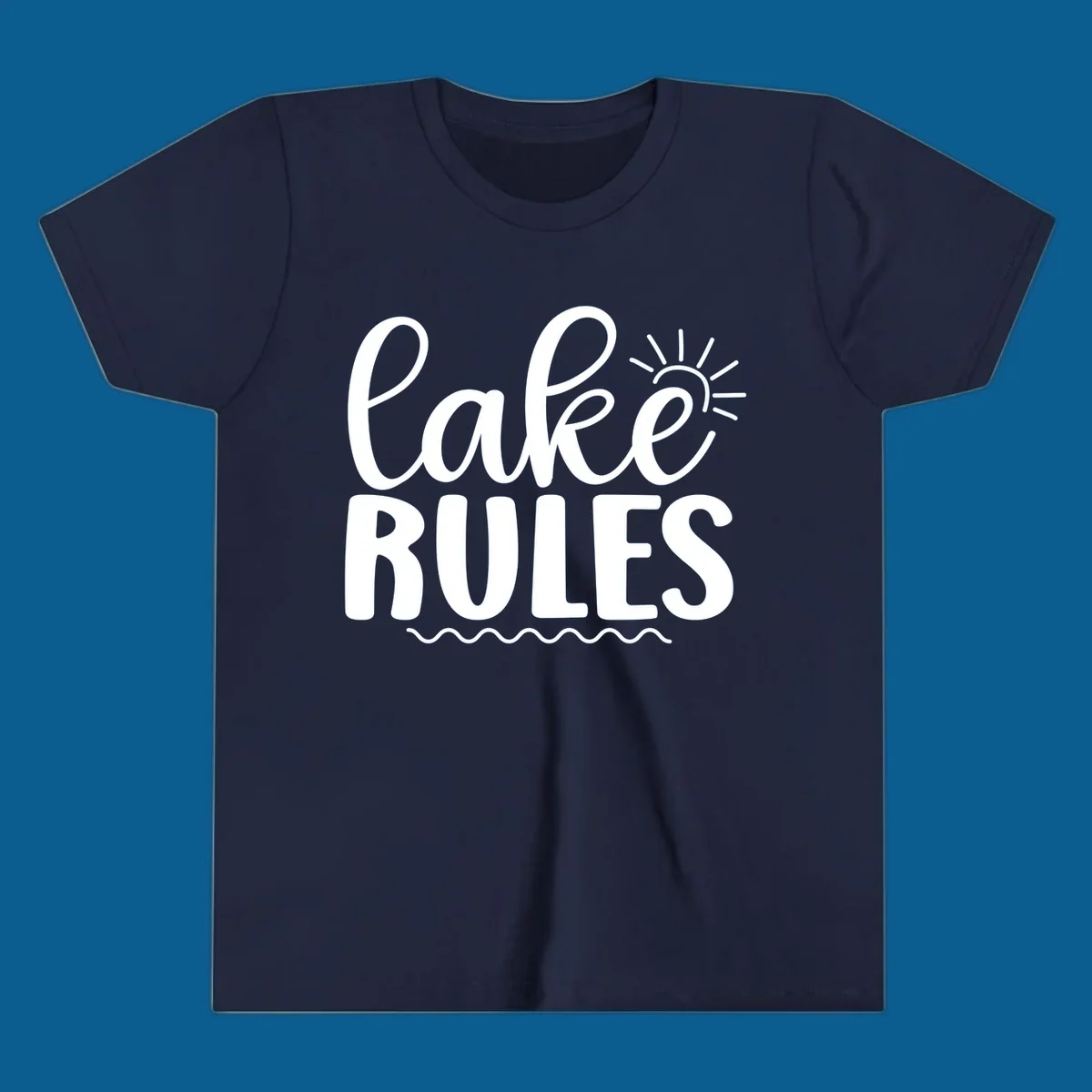 Lake Rules text with sun and waves graphic for lake life lifestyle.