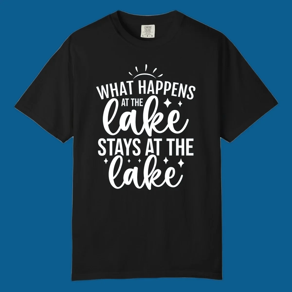 What happens at the lake stays at the lake quote design with sparkle stars.