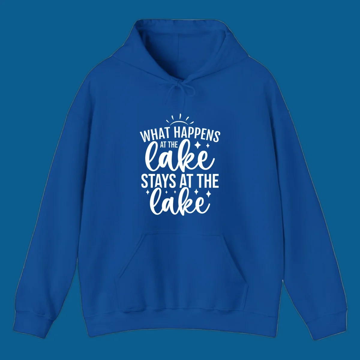 What happens at the lake stays at the lake quote design with sparkle stars.