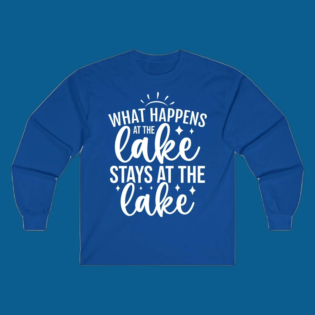 What happens at the lake stays at the lake quote design with sparkle stars.