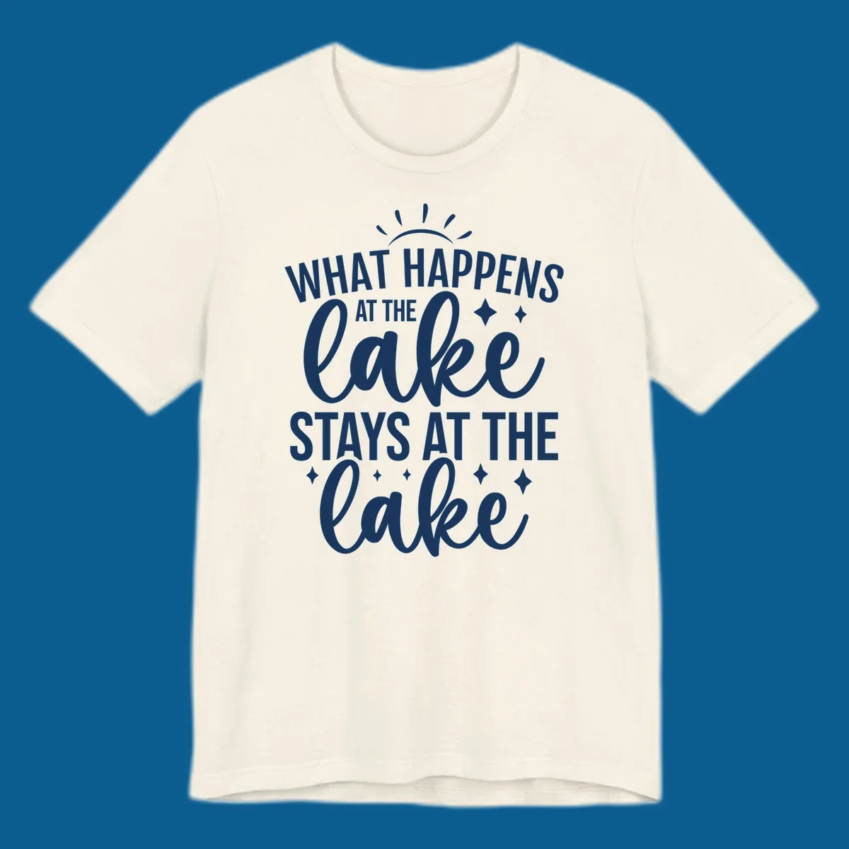 What happens at the lake stays at the lake quote design with sparkle stars.