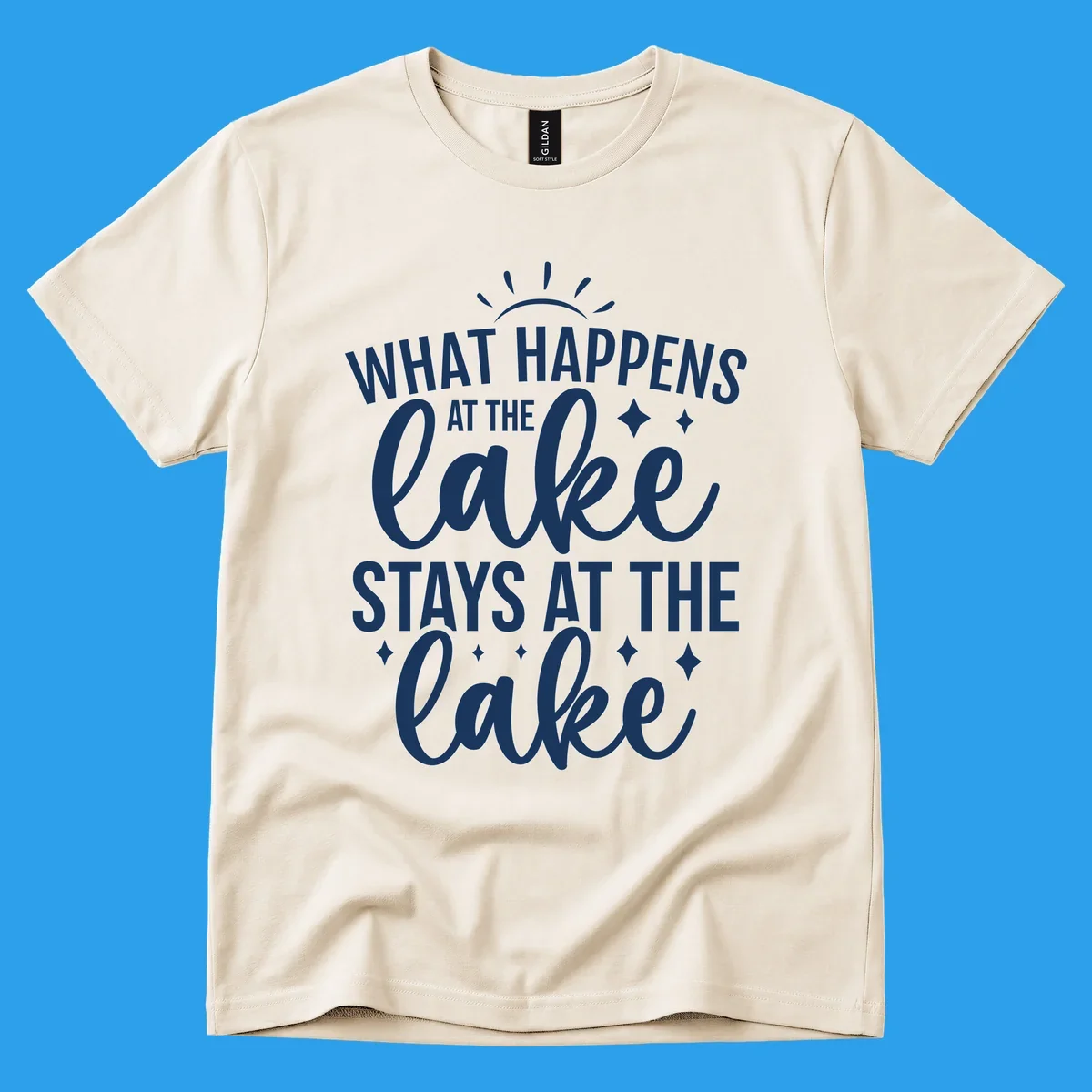 What happens at the lake stays at the lake quote design with sparkle stars.