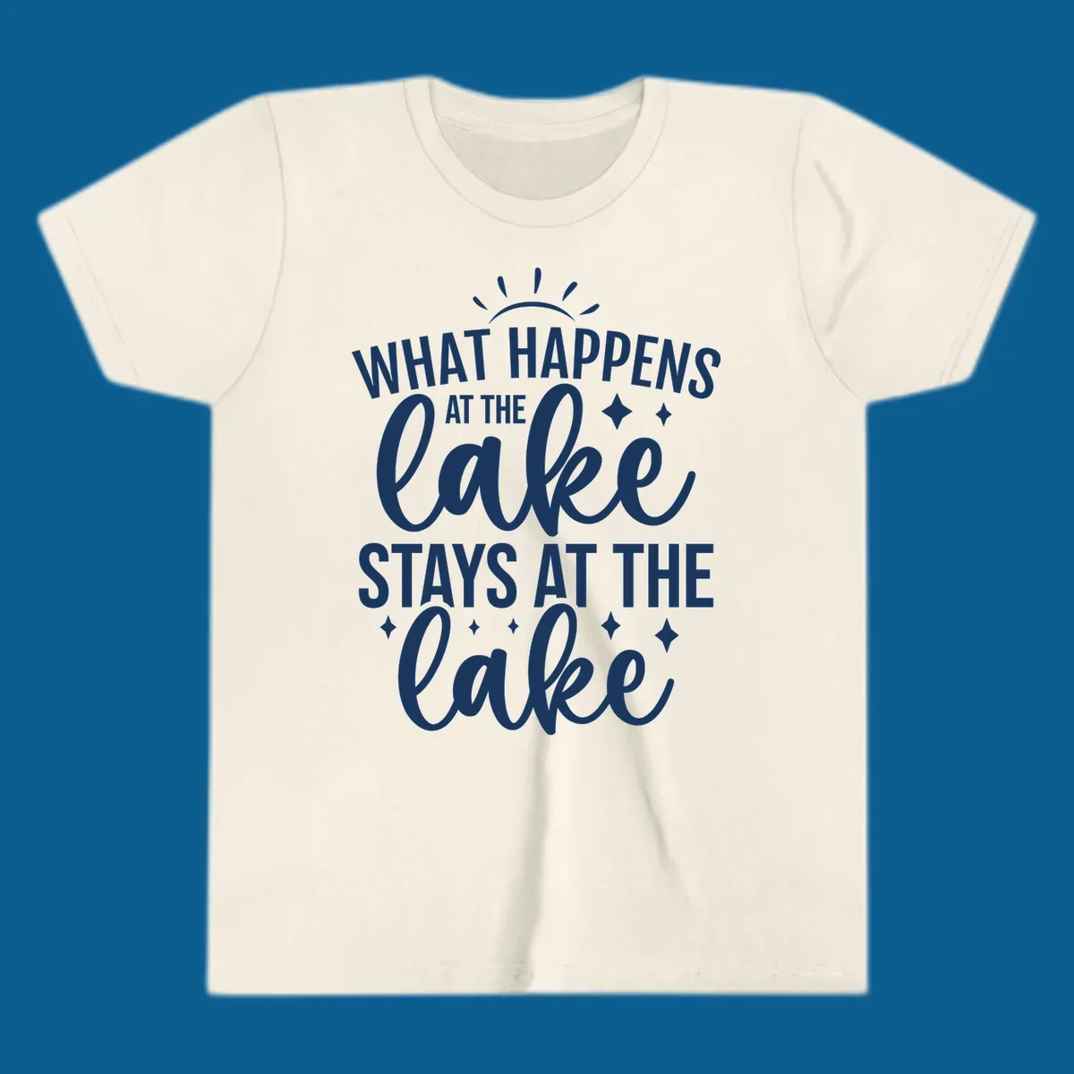 What happens at the lake stays at the lake quote design with sparkle stars.