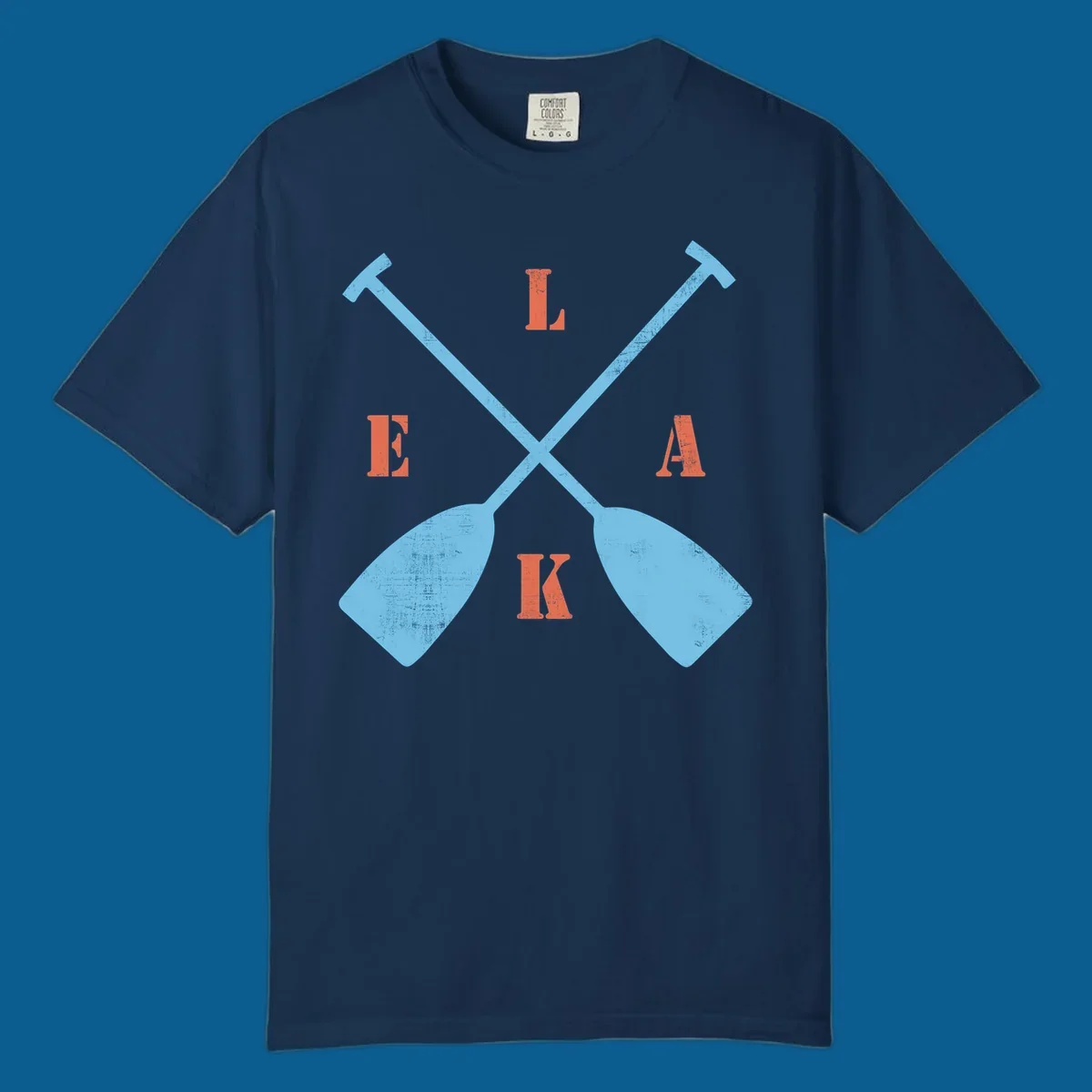 Crossed kayak paddles with letters spelling LAKE, representing lake-kayak-life.