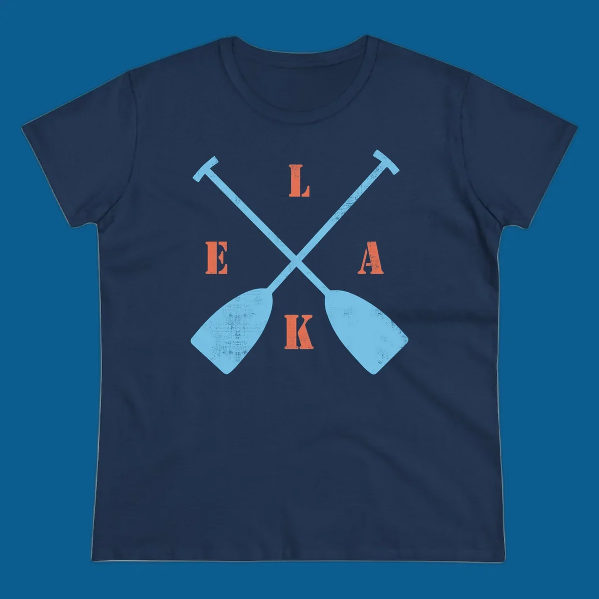Crossed kayak paddles with letters spelling LAKE, representing lake-kayak-life.