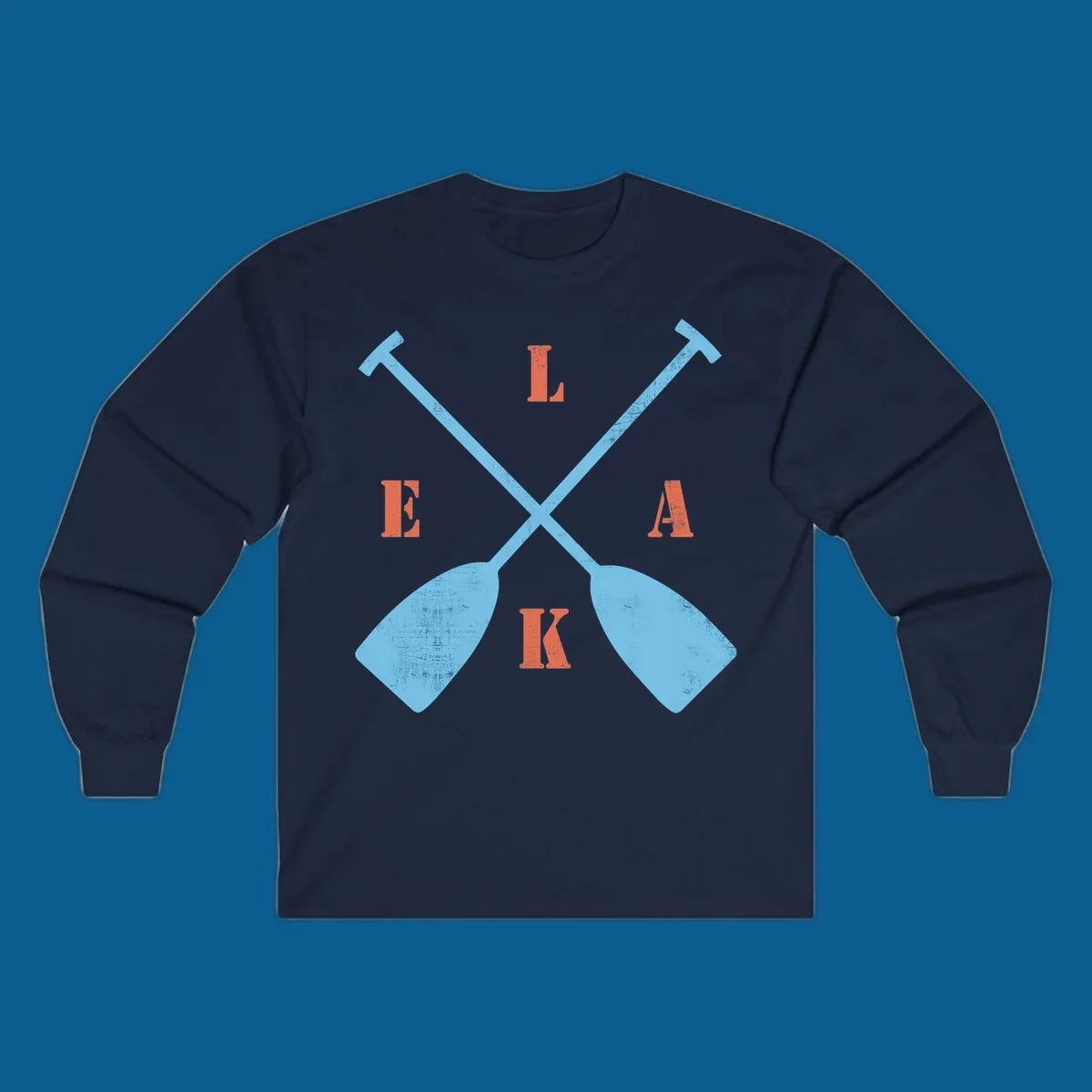 Crossed kayak paddles with letters spelling LAKE, representing lake-kayak-life.