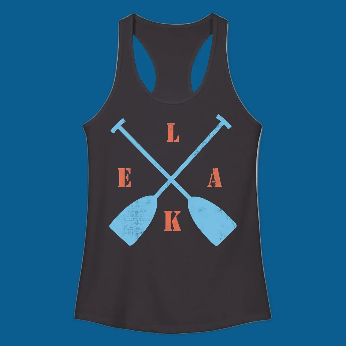 Crossed kayak paddles with letters spelling LAKE, representing lake-kayak-life.