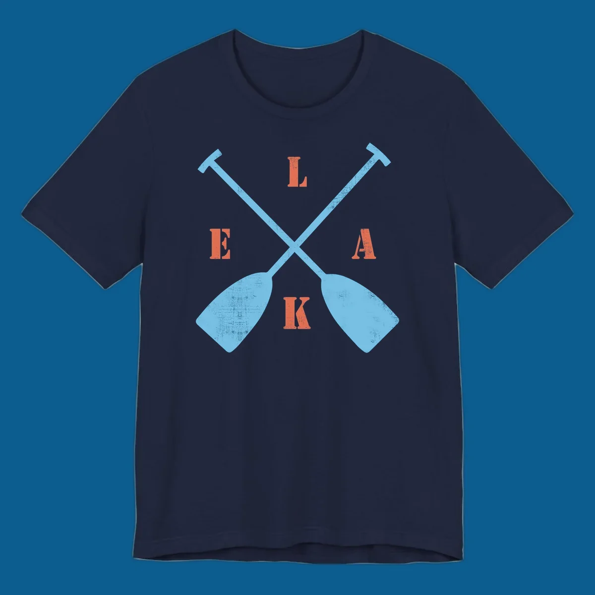 Crossed kayak paddles with letters spelling LAKE, representing lake-kayak-life.