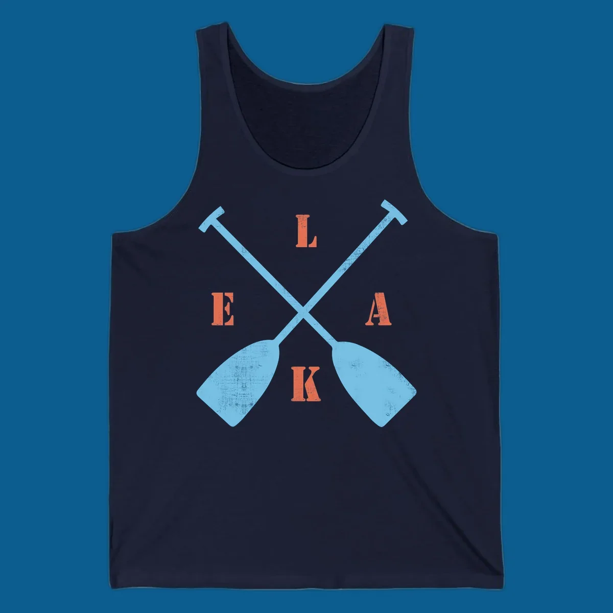 Crossed kayak paddles with letters spelling LAKE, representing lake-kayak-life.