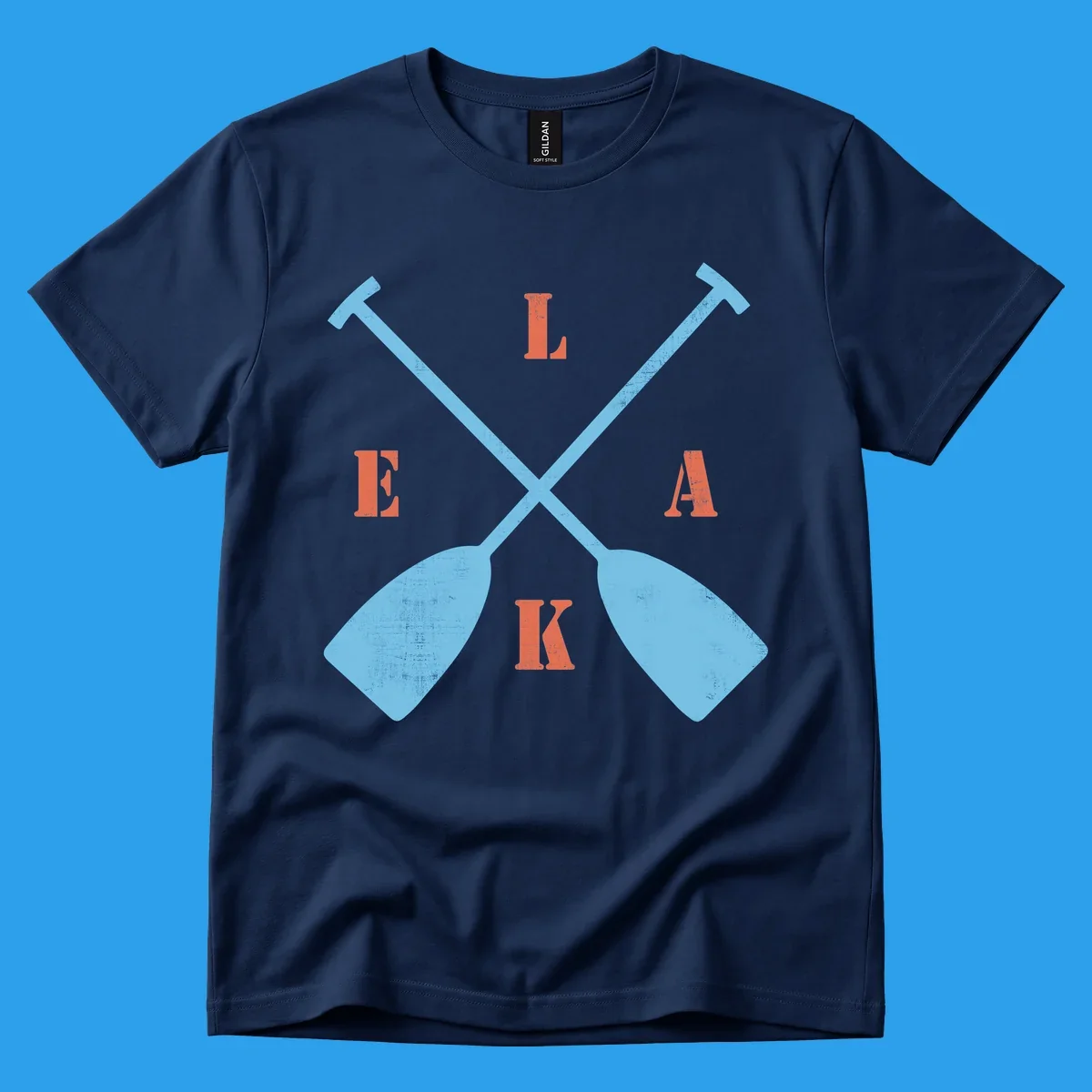 Crossed kayak paddles with letters spelling LAKE, representing lake-kayak-life.