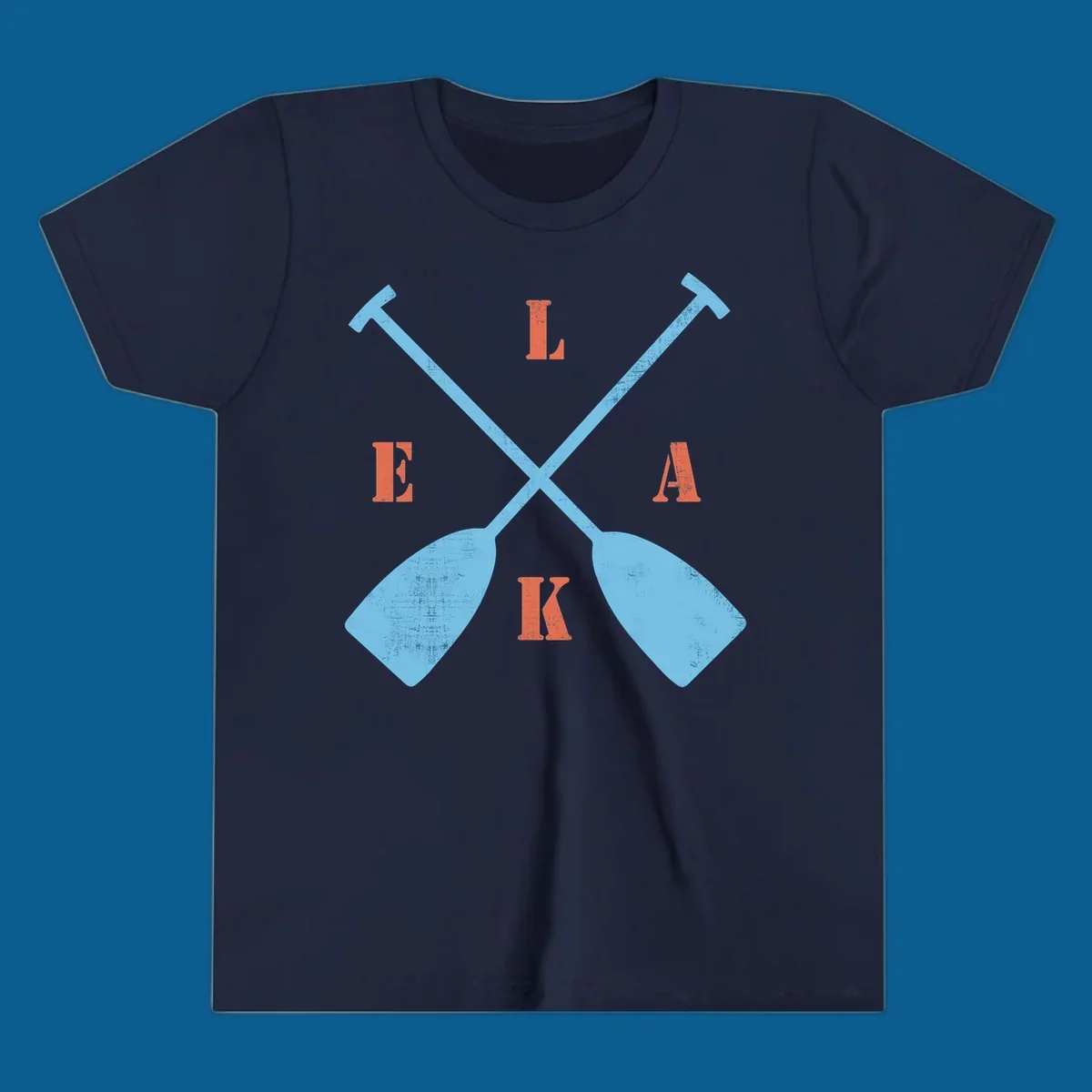 Crossed kayak paddles with letters spelling LAKE, representing lake-kayak-life.