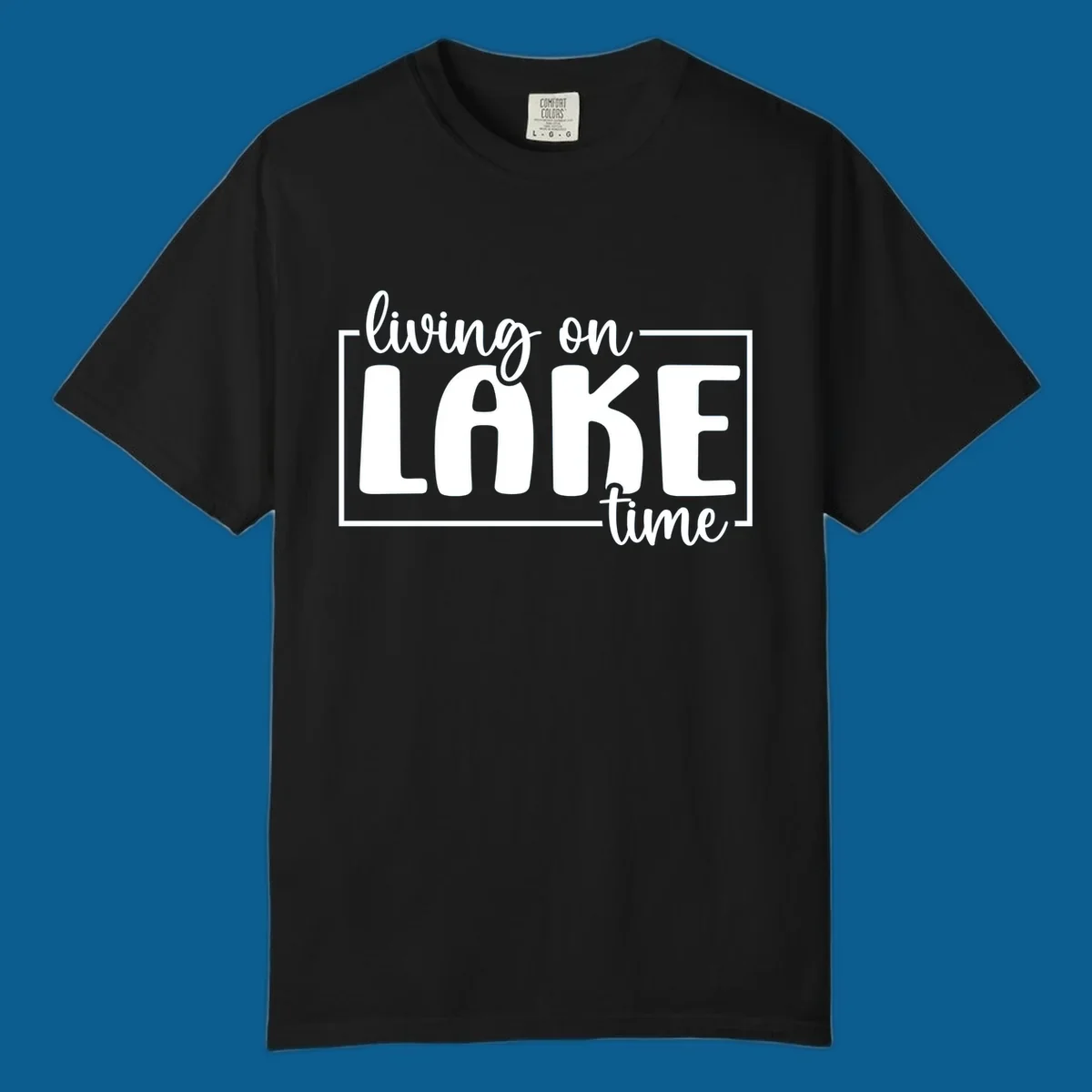Living on lake time typography design with white text on dark background.