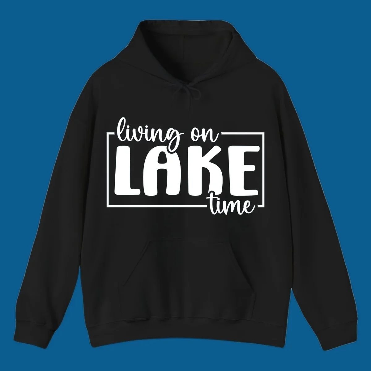 Living on lake time typography design with white text on dark background.