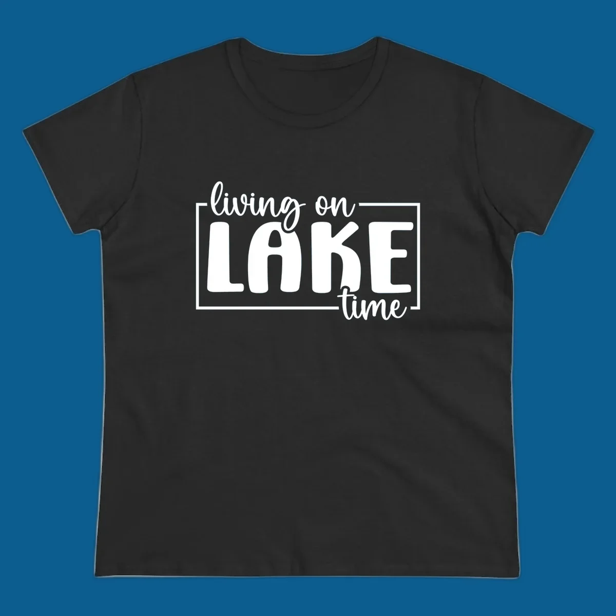 Living on lake time typography design with white text on dark background.