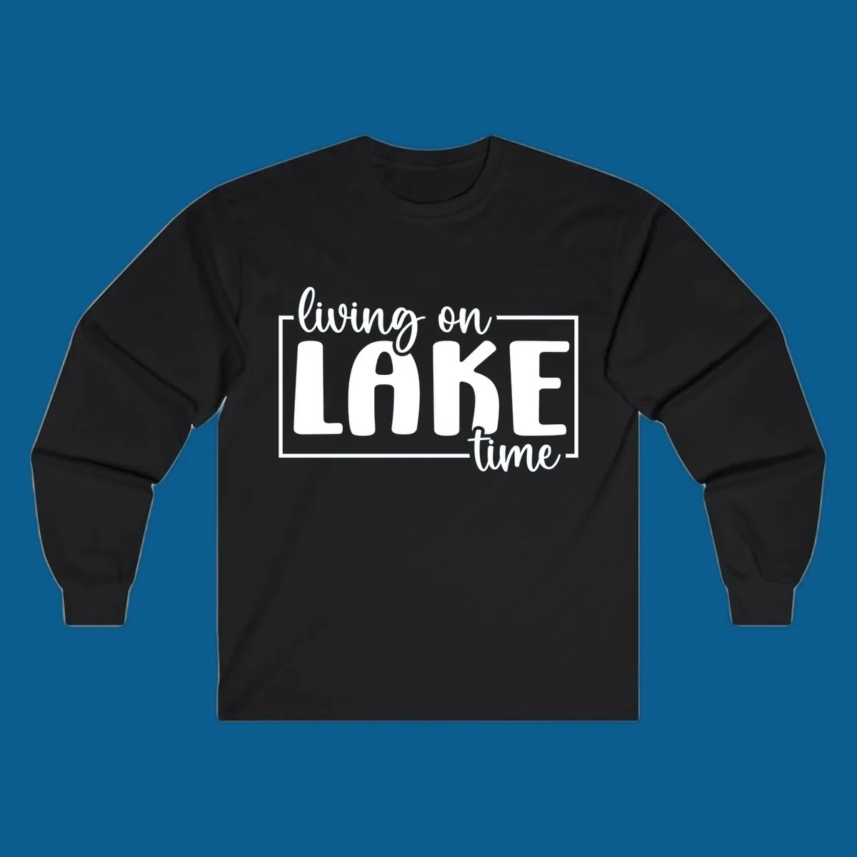 Living on lake time typography design with white text on dark background.