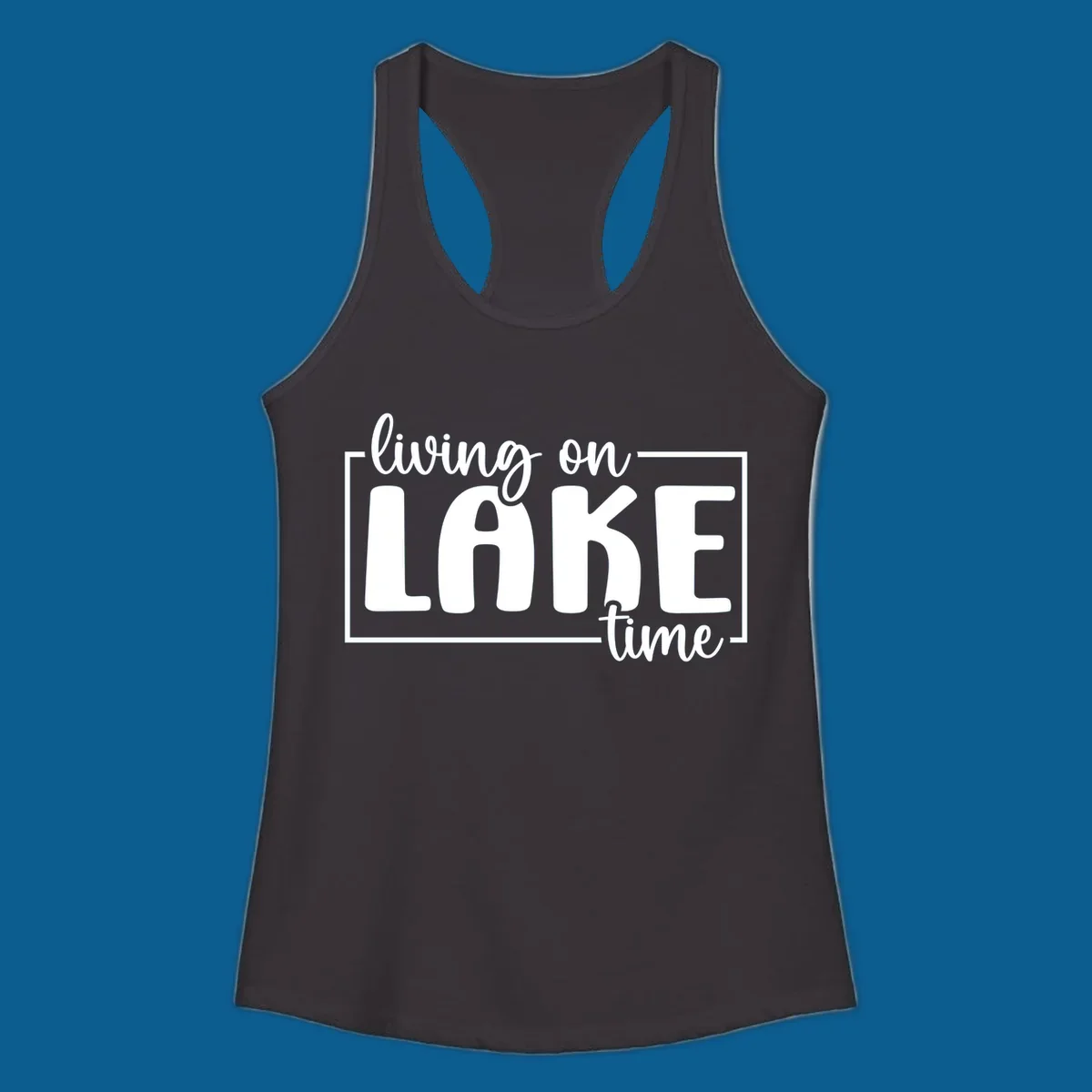 Living on lake time typography design with white text on dark background.