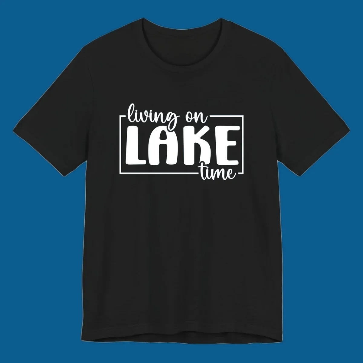 Living on lake time typography design with white text on dark background.