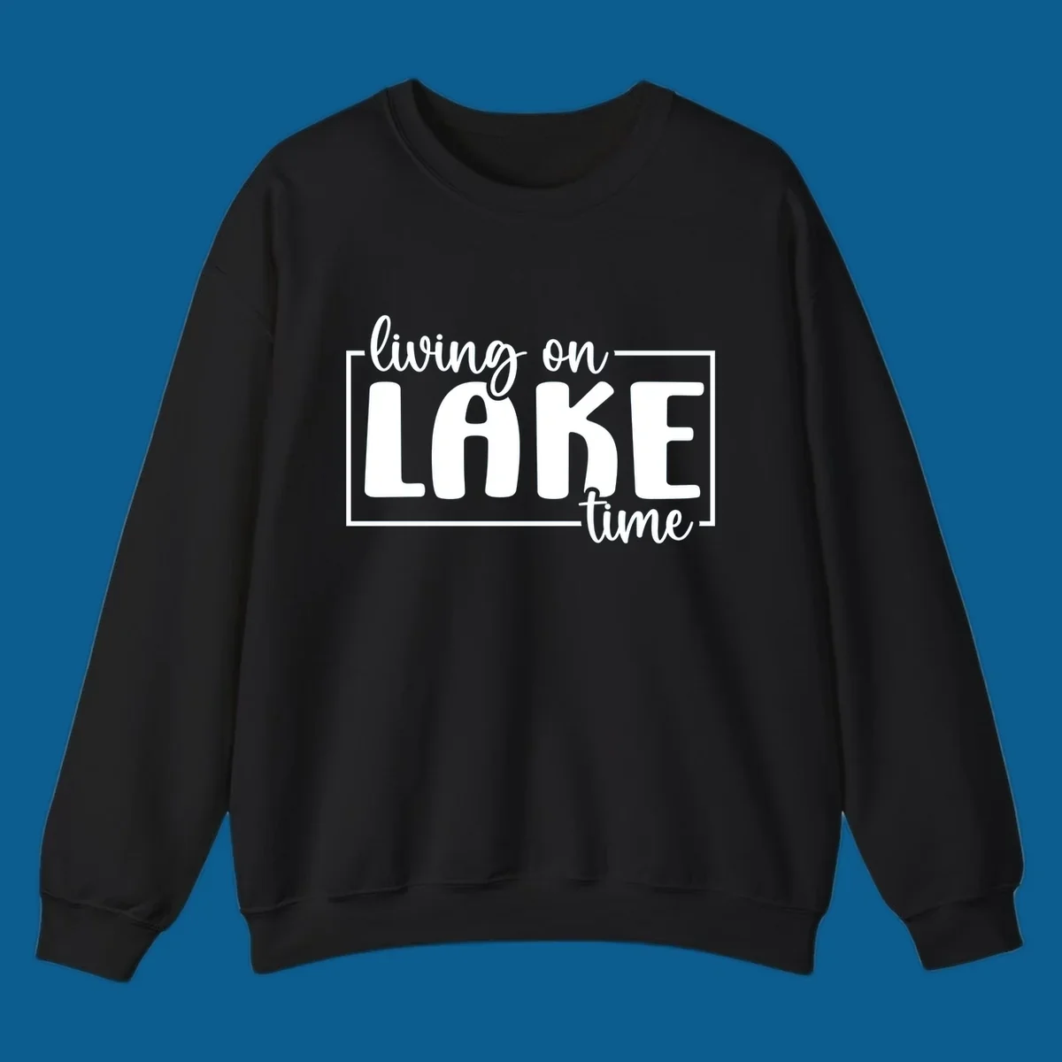 Living on lake time typography design with white text on dark background.