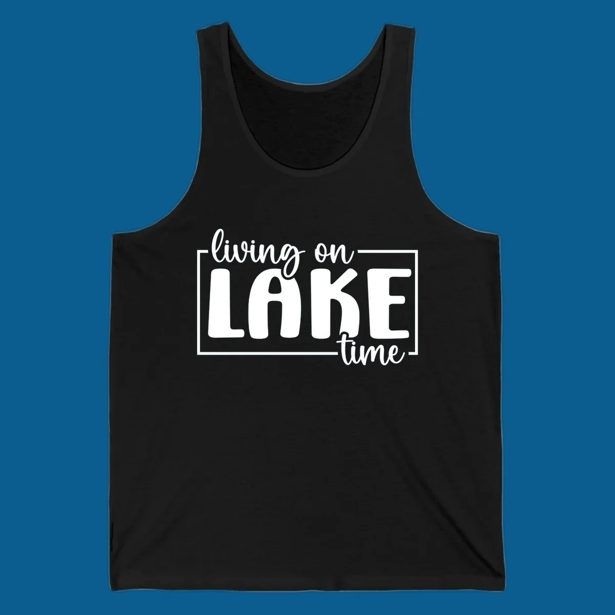 Living on lake time typography design with white text on dark background.